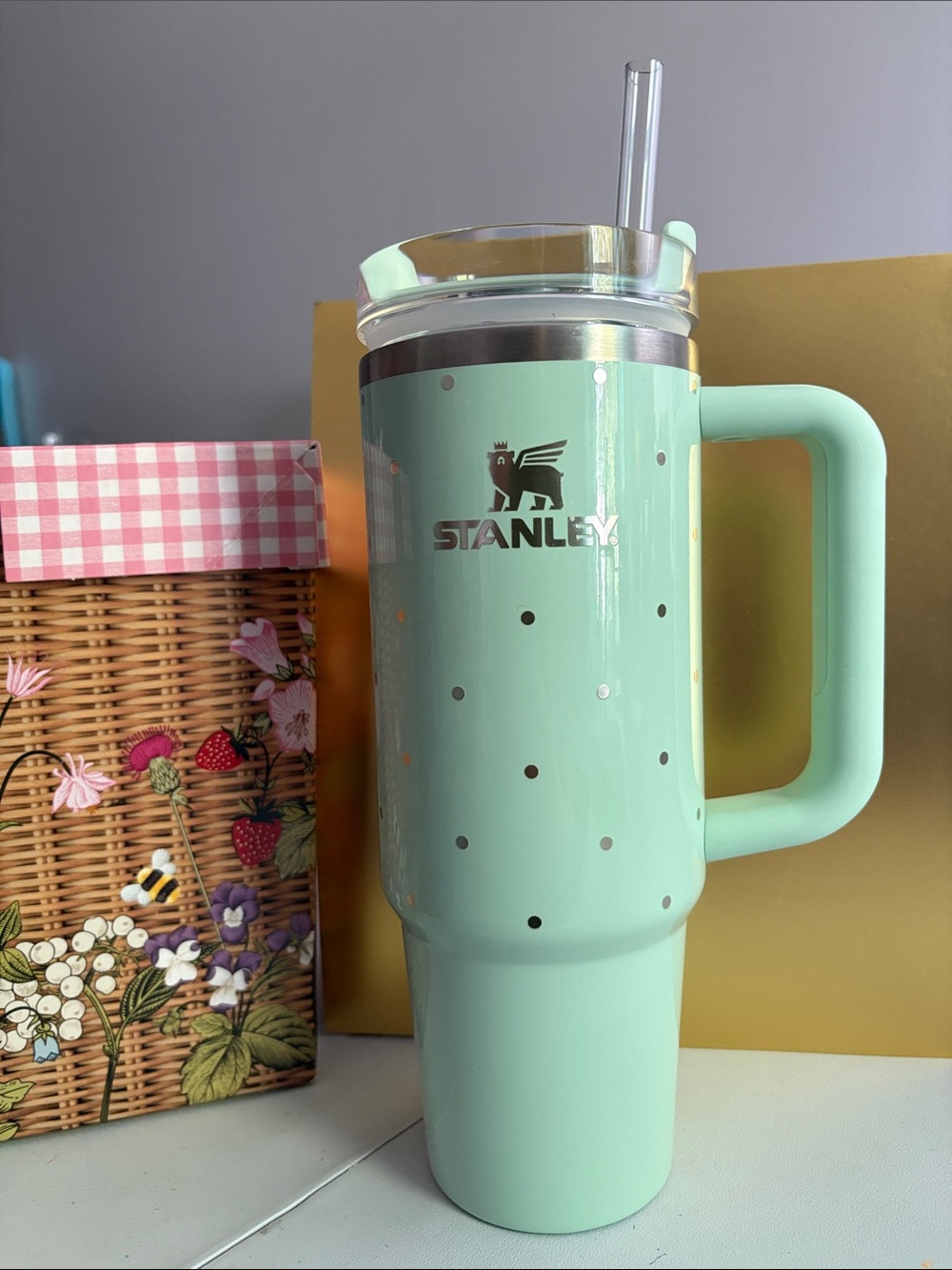Stanley Mint Green Polka Dot Insulated Travel Mug with Handle - Picture 1 of 4